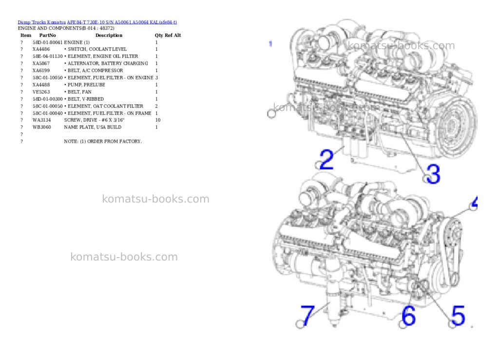 Komatsu AFE84-T 730E-10 S/N A50061,A50064 KAL Parts catalog cover Page 7
