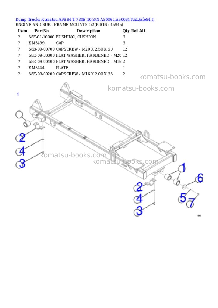 Komatsu AFE84-T 730E-10 S/N A50061,A50064 KAL Parts catalog cover Page 8