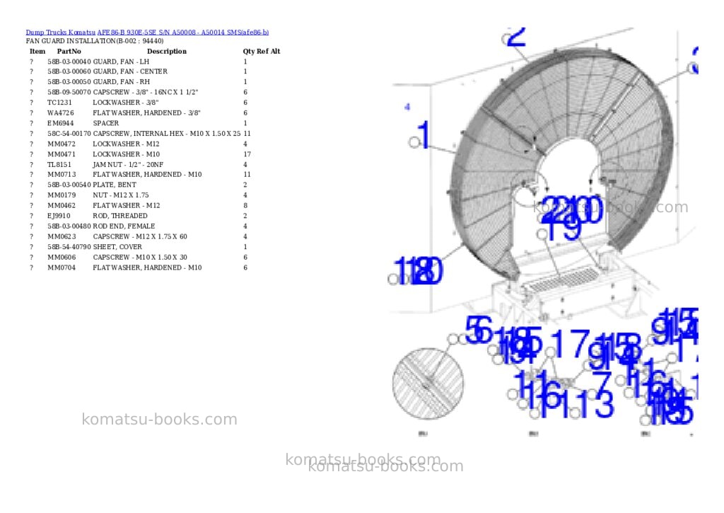 Komatsu AFE86-B 930E-5SE S/N A50008 - A50014 SMS Parts catalog cover