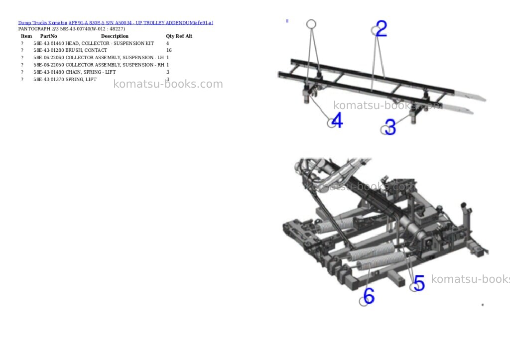 Komatsu AFE91-A 830E-5 S/N A50034 - UP TROLLEY ADDENDUM Parts catalog cover Page 8 Komatsu AFE91-A 830E-5 S/N A50034 - UP TROLLEY ADDENDUM Parts catalog cover Page 8