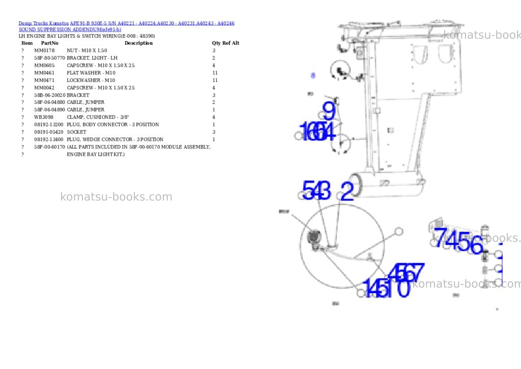 Komatsu AFE91-B 930E-5 S/N A40221 - A40224,A40230 - A40231,A40243 - A40246 SOUND SUPPRESSION ADDENDUM Parts catalog cover Page 10 Komatsu AFE91-B 930E-5 S/N A40221 - A40224,A40230 - A40231,A40243 - A40246 SOUND SUPPRESSION ADDENDUM Parts catalog cover Page 10