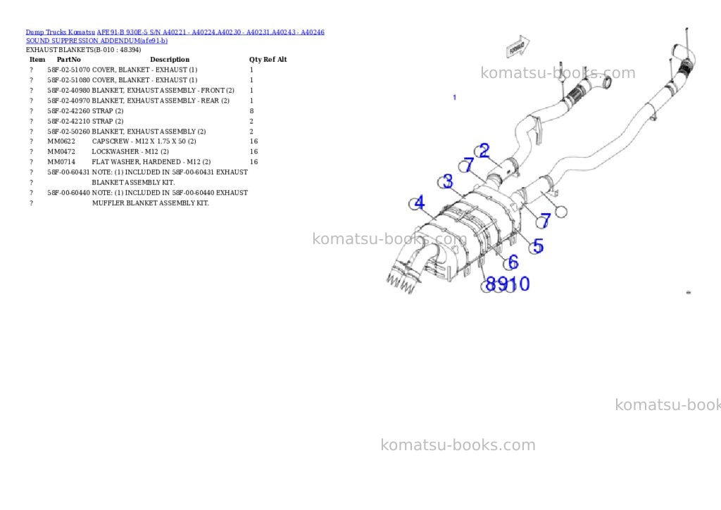 Komatsu AFE91-B 930E-5 S/N A40221 - A40224,A40230 - A40231,A40243 - A40246 SOUND SUPPRESSION ADDENDUM Parts catalog cover Page 5 Komatsu AFE91-B 930E-5 S/N A40221 - A40224,A40230 - A40231,A40243 - A40246 SOUND SUPPRESSION ADDENDUM Parts catalog cover Page 5