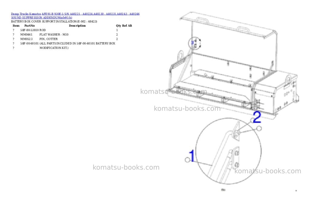 Komatsu AFE91-B 930E-5 S/N A40221 - A40224,A40230 - A40231,A40243 - A40246 SOUND SUPPRESSION ADDENDUM Parts catalog cover Page 7 Komatsu AFE91-B 930E-5 S/N A40221 - A40224,A40230 - A40231,A40243 - A40246 SOUND SUPPRESSION ADDENDUM Parts catalog cover Page 7
