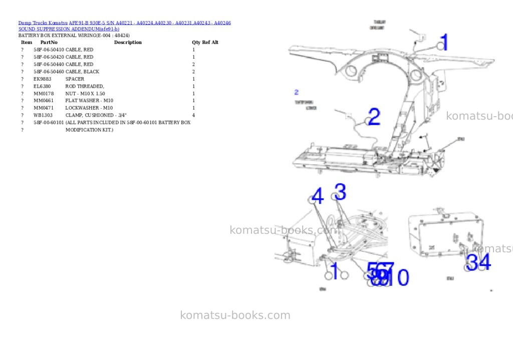 Komatsu AFE91-B 930E-5 S/N A40221 - A40224,A40230 - A40231,A40243 - A40246 SOUND SUPPRESSION ADDENDUM Parts catalog cover Page 8 Komatsu AFE91-B 930E-5 S/N A40221 - A40224,A40230 - A40231,A40243 - A40246 SOUND SUPPRESSION ADDENDUM Parts catalog cover Page 8
