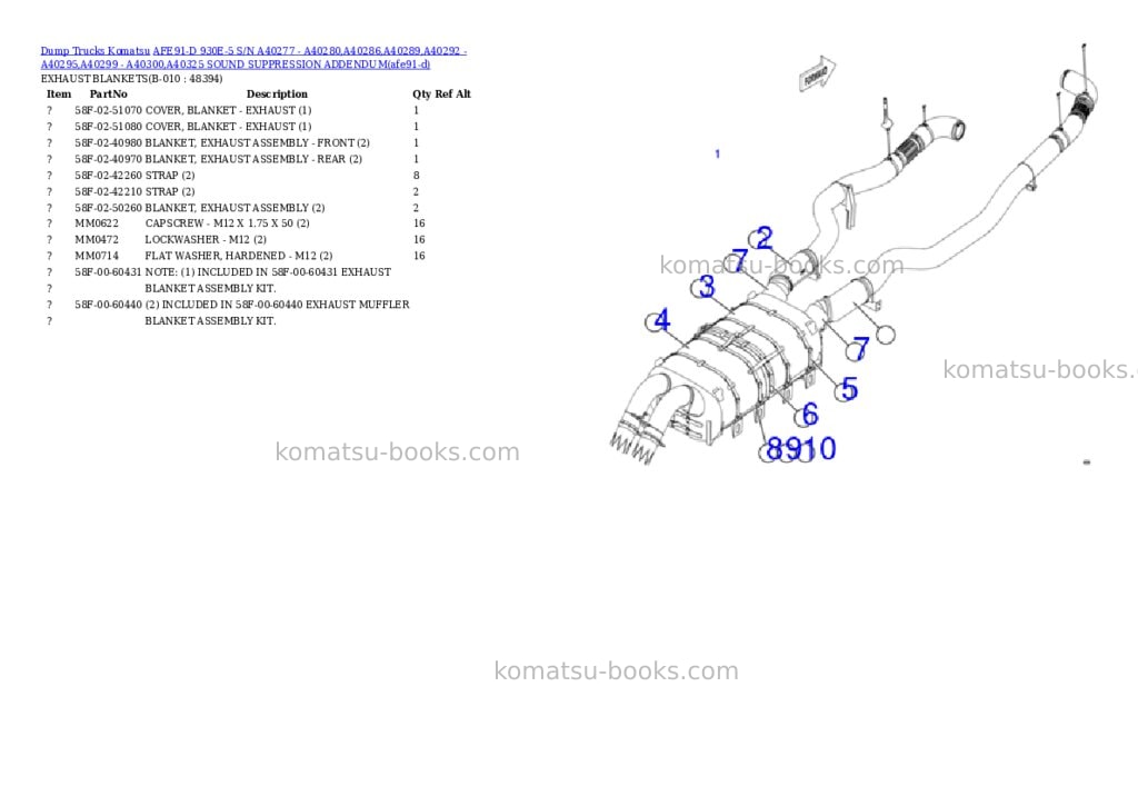 Komatsu AFE91-D 930E-5 S/N A40277 - A40280,A40286,A40289,A40292 - A40295,A40299 - A40300,A40325 SOUND SUPPRESSION ADDENDUM Parts catalog cover Page 5