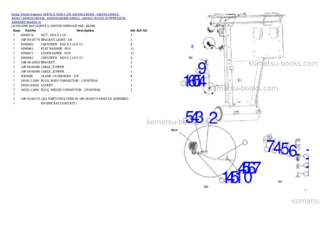 Komatsu AFE91-E 930E-5 S/N A40390,A40394 - A40395,A40416 - A40417,A40430,A40438 - A40439,A40440,A40451 - A40453 SOUND SUPPRESSION ADDENDUM Parts catalog cover Page 10 Komatsu AFE91-E 930E-5 S/N A40390,A40394 - A40395,A40416 - A40417,A40430,A40438 - A40439,A40440,A40451 - A40453 SOUND SUPPRESSION ADDENDUM Parts catalog cover Page 10