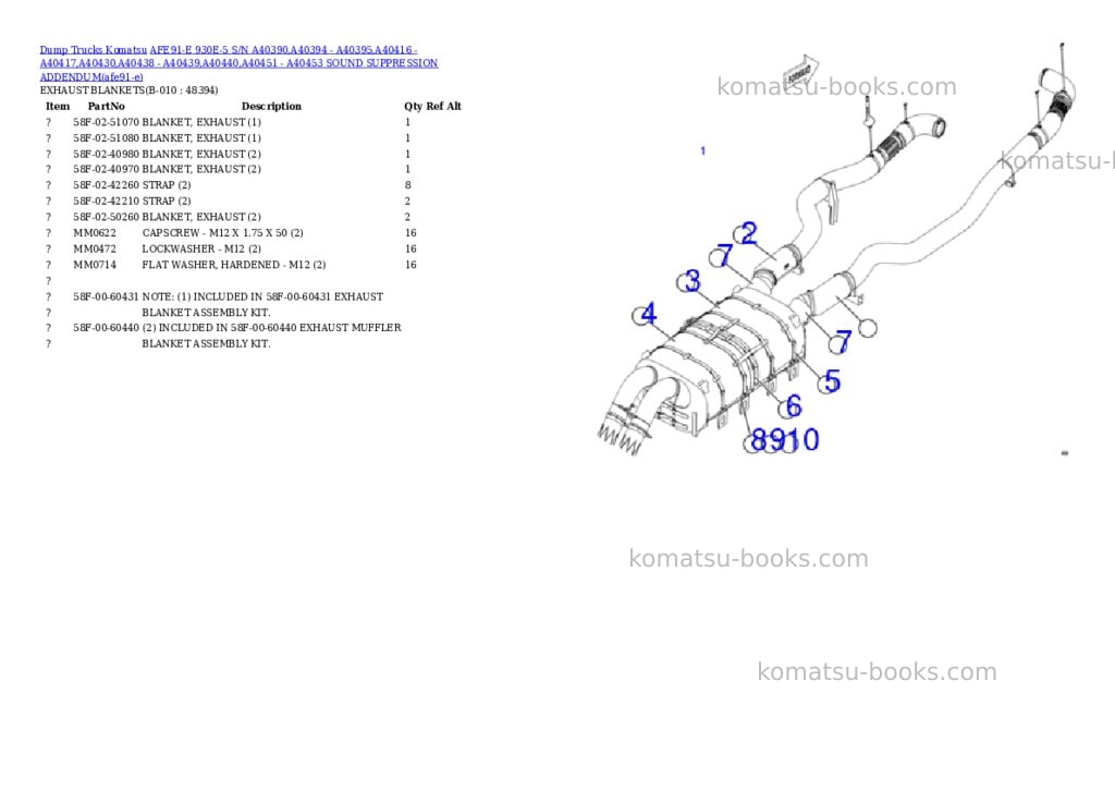 Komatsu AFE91-E 930E-5 S/N A40390,A40394 - A40395,A40416 - A40417,A40430,A40438 - A40439,A40440,A40451 - A40453 SOUND SUPPRESSION ADDENDUM Parts catalog cover Page 5 Komatsu AFE91-E 930E-5 S/N A40390,A40394 - A40395,A40416 - A40417,A40430,A40438 - A40439,A40440,A40451 - A40453 SOUND SUPPRESSION ADDENDUM Parts catalog cover Page 5