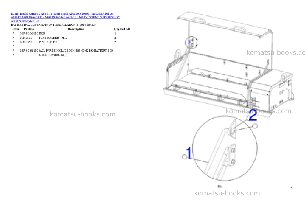 Komatsu AFE91-E 930E-5 S/N A40390,A40394 - A40395,A40416 - A40417,A40430,A40438 - A40439,A40440,A40451 - A40453 SOUND SUPPRESSION ADDENDUM Parts catalog cover Page 7 Komatsu AFE91-E 930E-5 S/N A40390,A40394 - A40395,A40416 - A40417,A40430,A40438 - A40439,A40440,A40451 - A40453 SOUND SUPPRESSION ADDENDUM Parts catalog cover Page 7