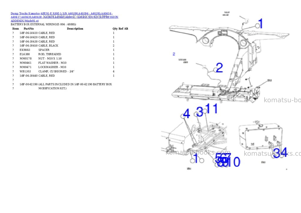 Komatsu AFE91-E 930E-5 S/N A40390,A40394 - A40395,A40416 - A40417,A40430,A40438 - A40439,A40440,A40451 - A40453 SOUND SUPPRESSION ADDENDUM Parts catalog cover Page 8 Komatsu AFE91-E 930E-5 S/N A40390,A40394 - A40395,A40416 - A40417,A40430,A40438 - A40439,A40440,A40451 - A40453 SOUND SUPPRESSION ADDENDUM Parts catalog cover Page 8