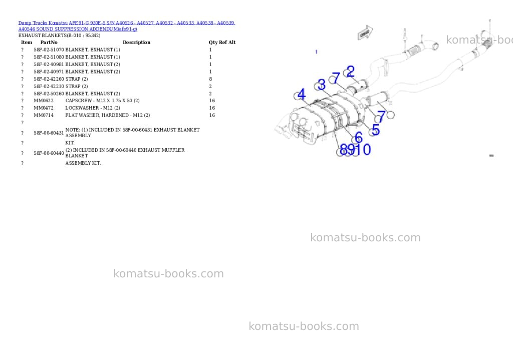 Komatsu AFE91-G 930E-5 S/N A40526 - A40527, A40532 - A40533, A40538 - A40539, A40546 SOUND SUPPRESSION ADDENDUM Parts catalog cover Page 5 Komatsu AFE91-G 930E-5 S/N A40526 - A40527, A40532 - A40533, A40538 - A40539, A40546 SOUND SUPPRESSION ADDENDUM Parts catalog cover Page 5