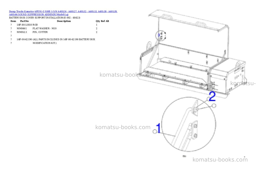 Komatsu AFE91-G 930E-5 S/N A40526 - A40527, A40532 - A40533, A40538 - A40539, A40546 SOUND SUPPRESSION ADDENDUM Parts catalog cover Page 7 Komatsu AFE91-G 930E-5 S/N A40526 - A40527, A40532 - A40533, A40538 - A40539, A40546 SOUND SUPPRESSION ADDENDUM Parts catalog cover Page 7