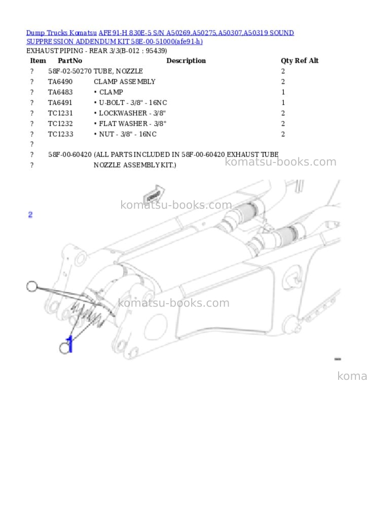 Komatsu AFE91-H 830E-5 S/N A50269,A50275,A50307,A50319 SOUND SUPPRESSION ADDENDUM KIT 58E-00-51000 Parts catalog cover Page 6 Komatsu AFE91-H 830E-5 S/N A50269,A50275,A50307,A50319 SOUND SUPPRESSION ADDENDUM KIT 58E-00-51000 Parts catalog cover Page 6