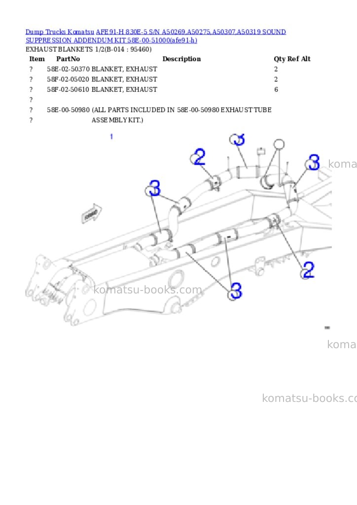 Komatsu AFE91-H 830E-5 S/N A50269,A50275,A50307,A50319 SOUND SUPPRESSION ADDENDUM KIT 58E-00-51000 Parts catalog cover Page 7 Komatsu AFE91-H 830E-5 S/N A50269,A50275,A50307,A50319 SOUND SUPPRESSION ADDENDUM KIT 58E-00-51000 Parts catalog cover Page 7