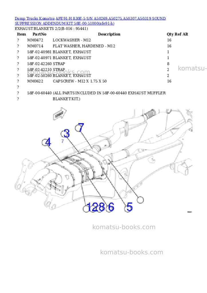 Komatsu AFE91-H 830E-5 S/N A50269,A50275,A50307,A50319 SOUND SUPPRESSION ADDENDUM KIT 58E-00-51000 Parts catalog cover Page 8 Komatsu AFE91-H 830E-5 S/N A50269,A50275,A50307,A50319 SOUND SUPPRESSION ADDENDUM KIT 58E-00-51000 Parts catalog cover Page 8