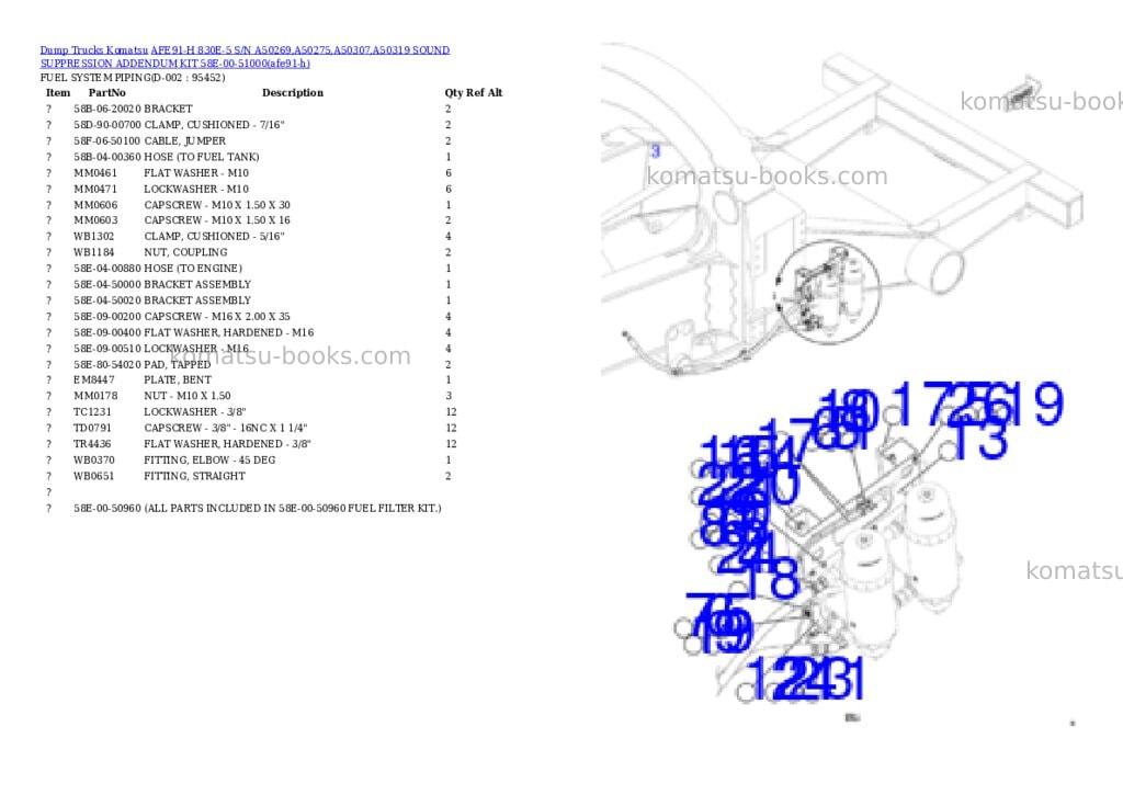 Komatsu AFE91-H 830E-5 S/N A50269,A50275,A50307,A50319 SOUND SUPPRESSION ADDENDUM KIT 58E-00-51000 Parts catalog cover Page 9 Komatsu AFE91-H 830E-5 S/N A50269,A50275,A50307,A50319 SOUND SUPPRESSION ADDENDUM KIT 58E-00-51000 Parts catalog cover Page 9
