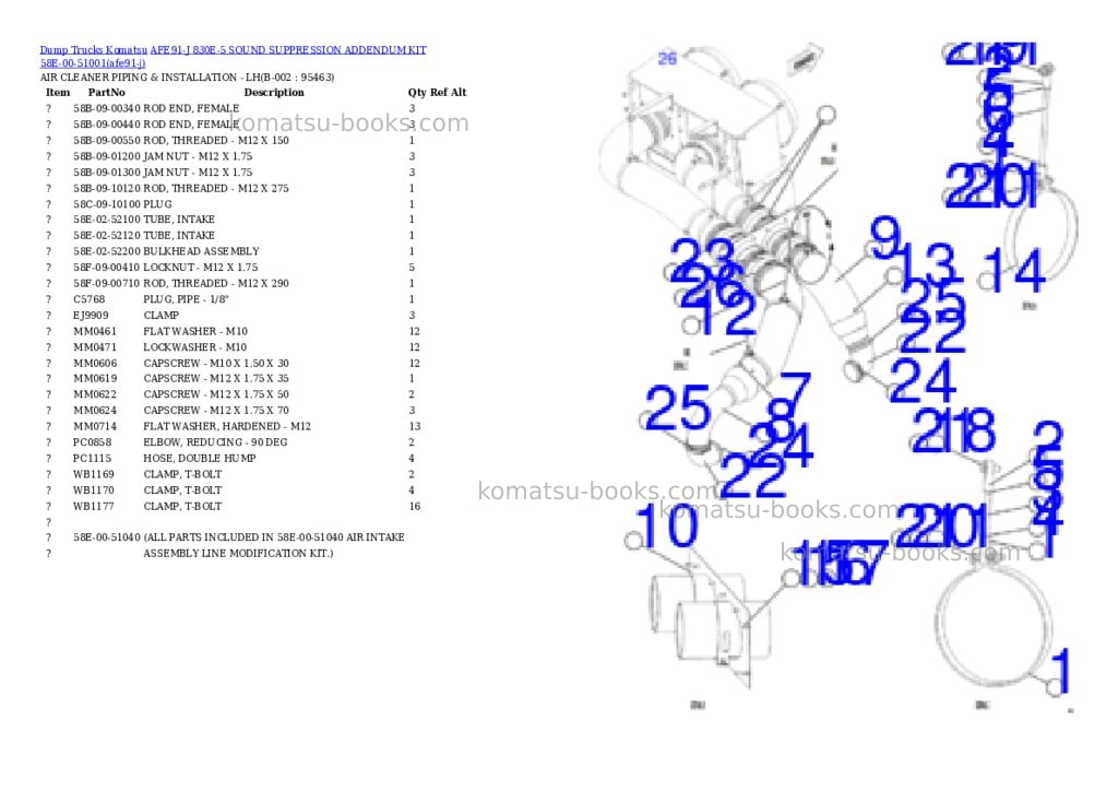 Komatsu AFE91-J 830E-5 SOUND SUPPRESSION ADDENDUM KIT 58E-00-51001 Parts catalog cover Komatsu AFE91-J 830E-5 SOUND SUPPRESSION ADDENDUM KIT 58E-00-51001 Parts catalog cover