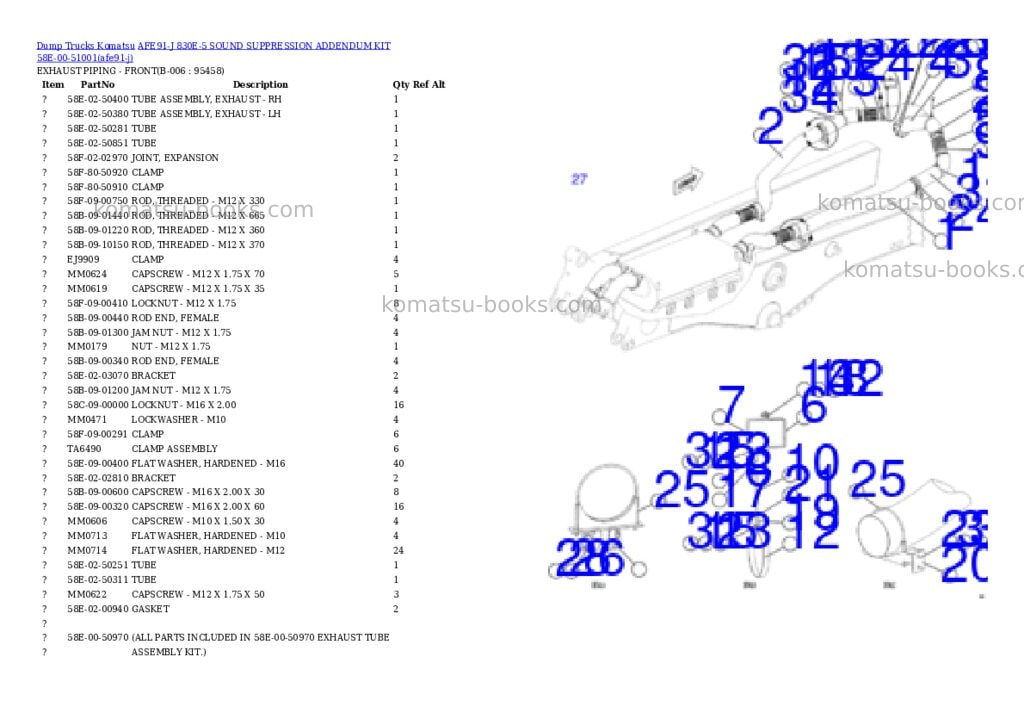 Komatsu AFE91-J 830E-5 SOUND SUPPRESSION ADDENDUM KIT 58E-00-51001 Parts catalog cover Page 3 Komatsu AFE91-J 830E-5 SOUND SUPPRESSION ADDENDUM KIT 58E-00-51001 Parts catalog cover Page 3