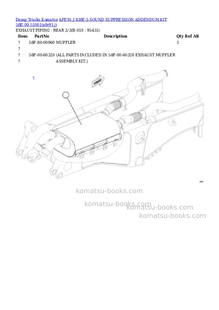 Komatsu AFE91-J 830E-5 SOUND SUPPRESSION ADDENDUM KIT 58E-00-51001 Parts catalog cover Page 5 Komatsu AFE91-J 830E-5 SOUND SUPPRESSION ADDENDUM KIT 58E-00-51001 Parts catalog cover Page 5