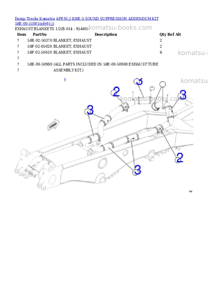 Komatsu AFE91-J 830E-5 SOUND SUPPRESSION ADDENDUM KIT 58E-00-51001 Parts catalog cover Page 7 Komatsu AFE91-J 830E-5 SOUND SUPPRESSION ADDENDUM KIT 58E-00-51001 Parts catalog cover Page 7