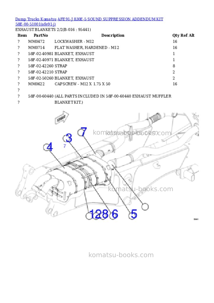 Komatsu AFE91-J 830E-5 SOUND SUPPRESSION ADDENDUM KIT 58E-00-51001 Parts catalog cover Page 8 Komatsu AFE91-J 830E-5 SOUND SUPPRESSION ADDENDUM KIT 58E-00-51001 Parts catalog cover Page 8