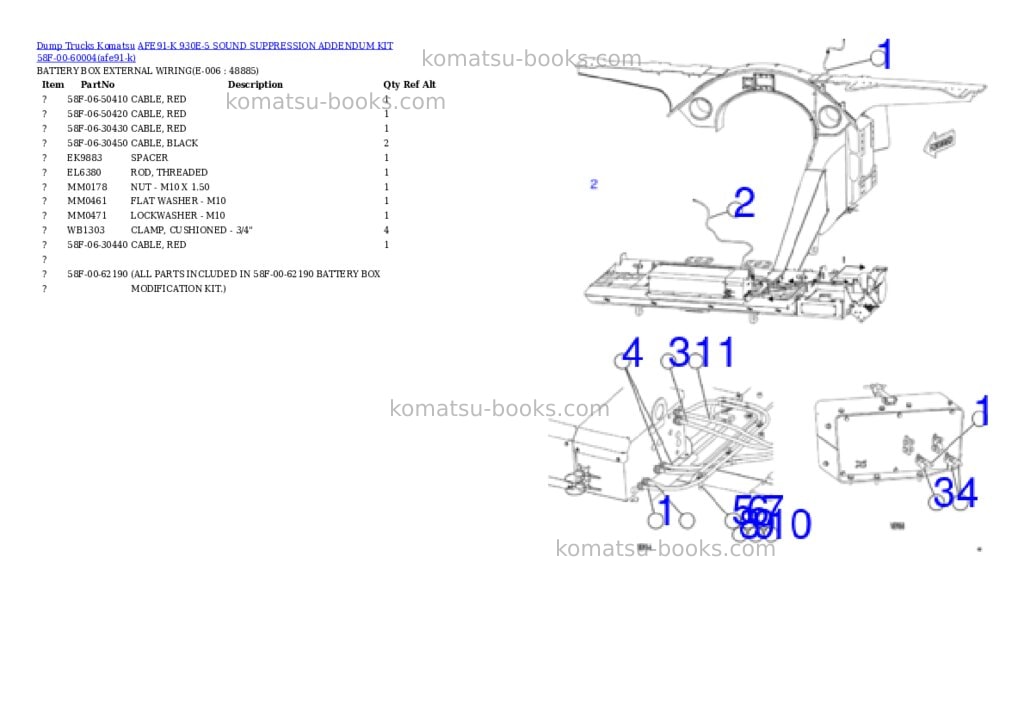 Komatsu AFE91-K 930E-5 SOUND SUPPRESSION ADDENDUM KIT 58F-00-60004 Parts catalog cover Page 10 Komatsu AFE91-K 930E-5 SOUND SUPPRESSION ADDENDUM KIT 58F-00-60004 Parts catalog cover Page 10