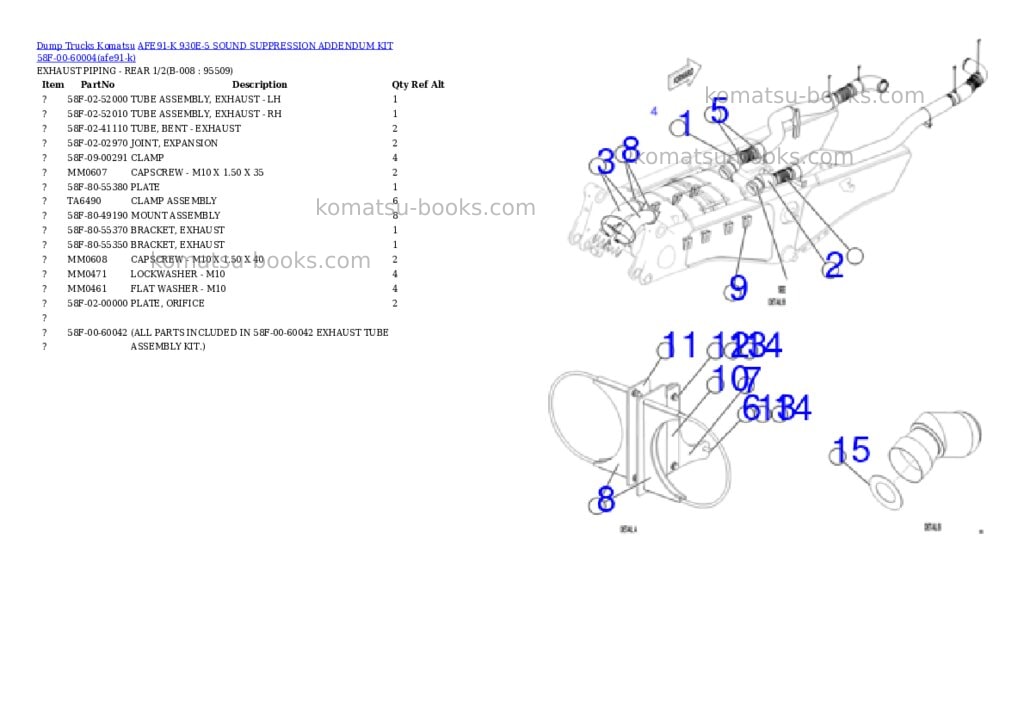 Komatsu AFE91-K 930E-5 SOUND SUPPRESSION ADDENDUM KIT 58F-00-60004 Parts catalog cover Page 4 Komatsu AFE91-K 930E-5 SOUND SUPPRESSION ADDENDUM KIT 58F-00-60004 Parts catalog cover Page 4