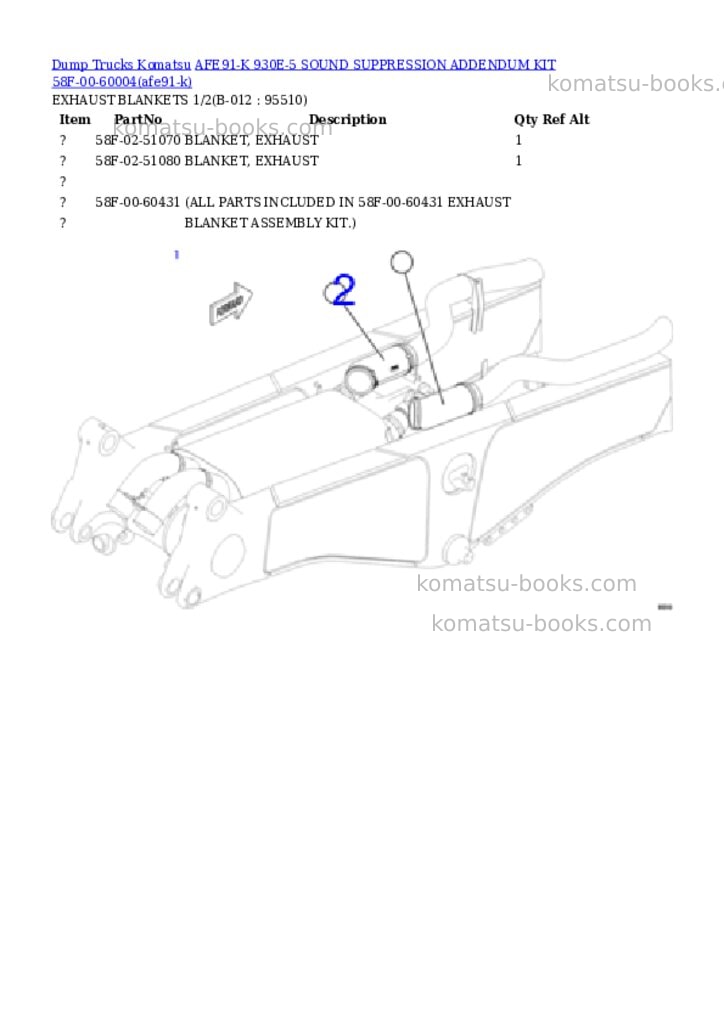 Komatsu AFE91-K 930E-5 SOUND SUPPRESSION ADDENDUM KIT 58F-00-60004 Parts catalog cover Page 6 Komatsu AFE91-K 930E-5 SOUND SUPPRESSION ADDENDUM KIT 58F-00-60004 Parts catalog cover Page 6