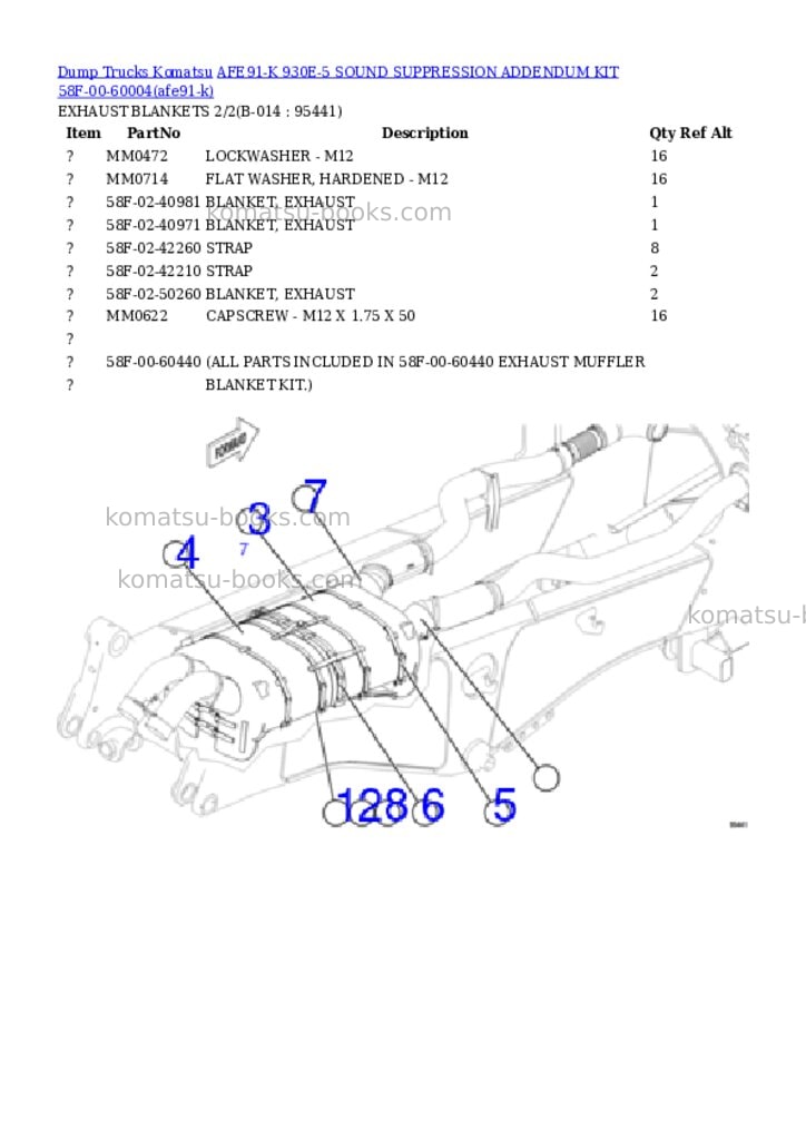 Komatsu AFE91-K 930E-5 SOUND SUPPRESSION ADDENDUM KIT 58F-00-60004 Parts catalog cover Page 7 Komatsu AFE91-K 930E-5 SOUND SUPPRESSION ADDENDUM KIT 58F-00-60004 Parts catalog cover Page 7