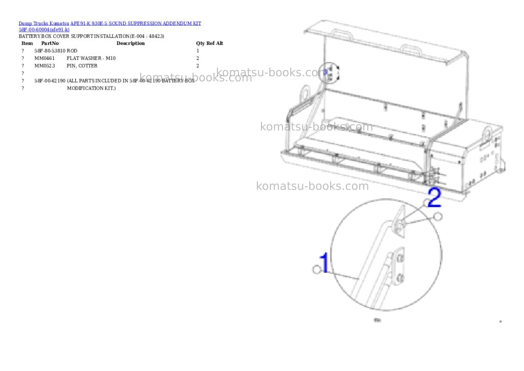 Komatsu AFE91-K 930E-5 SOUND SUPPRESSION ADDENDUM KIT 58F-00-60004 Parts catalog cover Page 9 Komatsu AFE91-K 930E-5 SOUND SUPPRESSION ADDENDUM KIT 58F-00-60004 Parts catalog cover Page 9