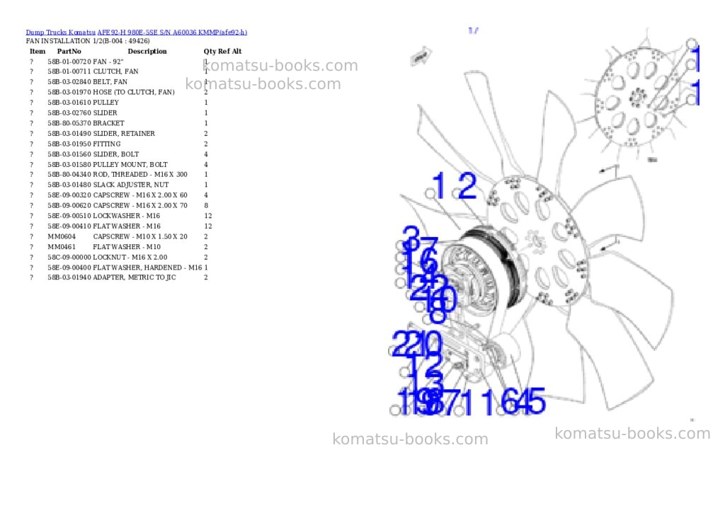 Komatsu AFE92-H 980E-5SE S/N A60036 KMMP Parts catalog cover Page 2