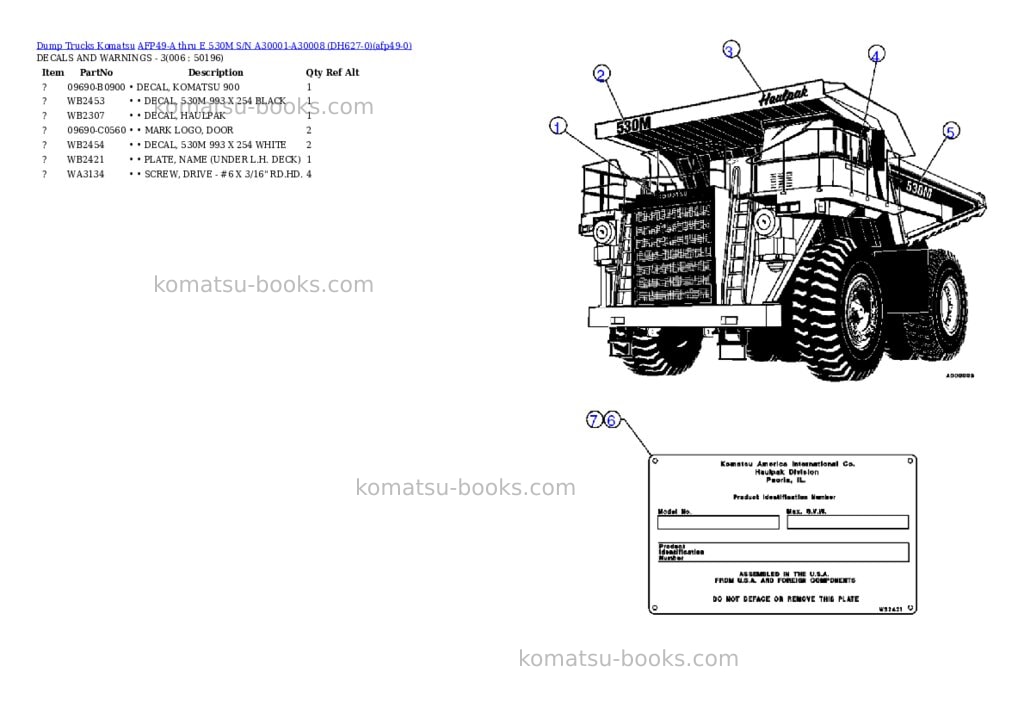 Komatsu afp49-a thru e 530m s/n a30001-a30008 dh627-0 Parts catalog cover Page 3 Komatsu afp49-a thru e 530m s/n a30001-a30008 dh627-0 Parts catalog cover Page 3