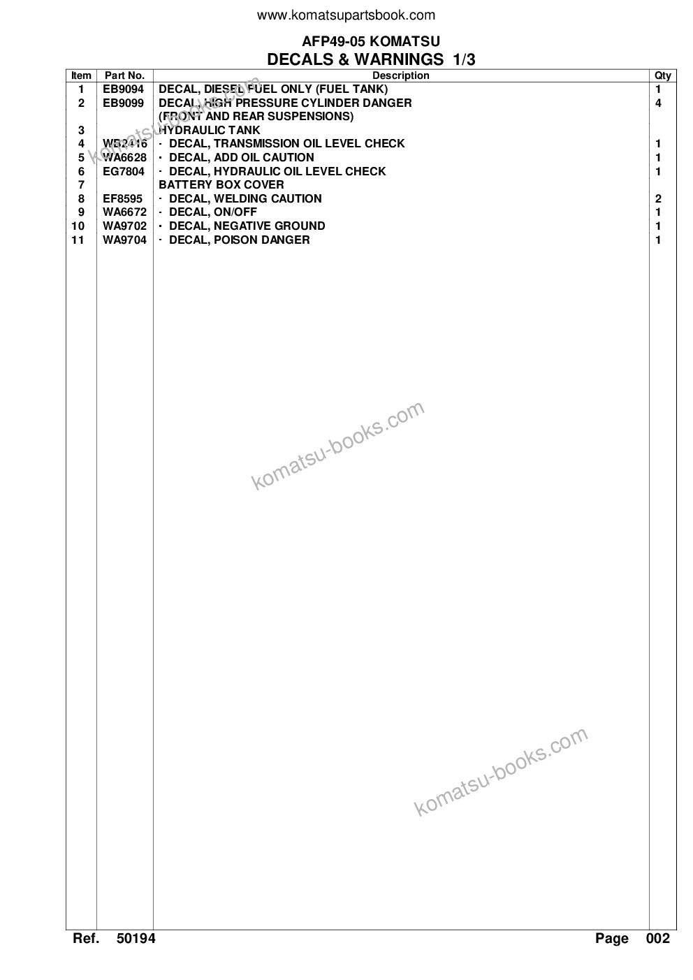 Komatsu hd1500-5 s/n a30039 & up bepb034005 afp49-01 Parts catalog cover Page 5