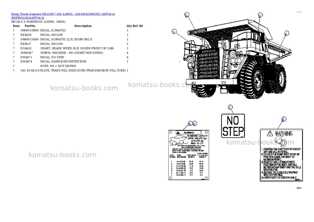 Komatsu hd1500-7 s/n a30001 - a30108 komatsu afp54-a bepb055003 Parts catalog cover Page 3 Komatsu hd1500-7 s/n a30001 - a30108 komatsu afp54-a bepb055003 Parts catalog cover Page 3