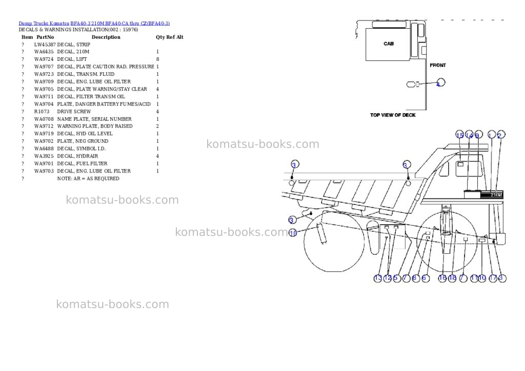 Komatsu bfa40-3 210m bfa40-ca thru cz Parts catalog cover