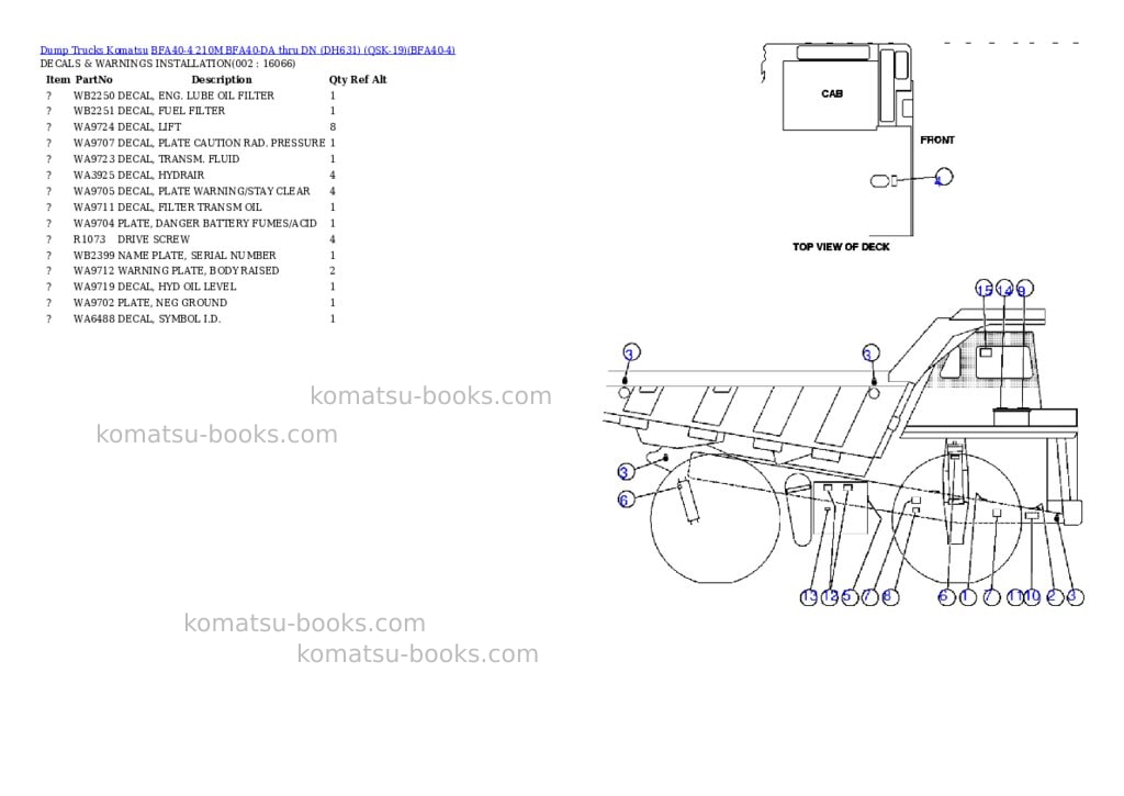 Komatsu bfa40-4 210m bfa40-da thru dn dh631 qsk-19 Parts catalog cover Komatsu bfa40-4 210m bfa40-da thru dn dh631 qsk-19 Parts catalog cover
