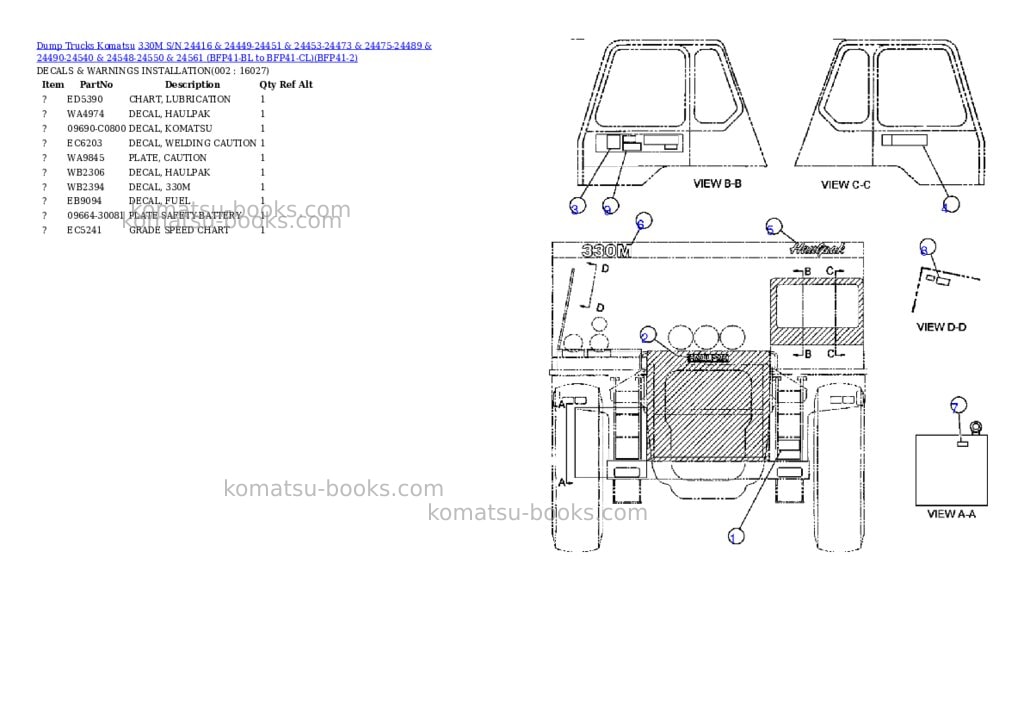 Komatsu 330m s/n 24416 & 24449-24451 & 24453-24473 & 24475-24489 & 24490-24540 & 24548-24550 & 24561 bfp41-bl to bfp41-cl Parts catalog cover