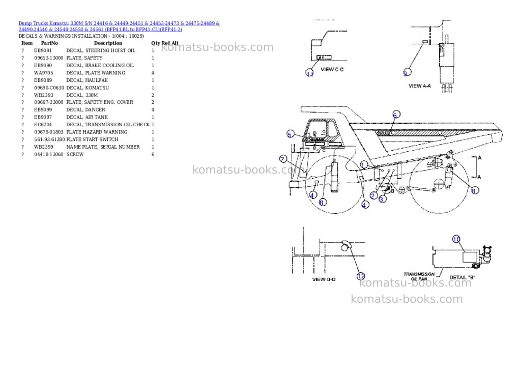 Komatsu 330m s/n 24416 & 24449-24451 & 24453-24473 & 24475-24489 & 24490-24540 & 24548-24550 & 24561 bfp41-bl to bfp41-cl Parts catalog cover Page 2