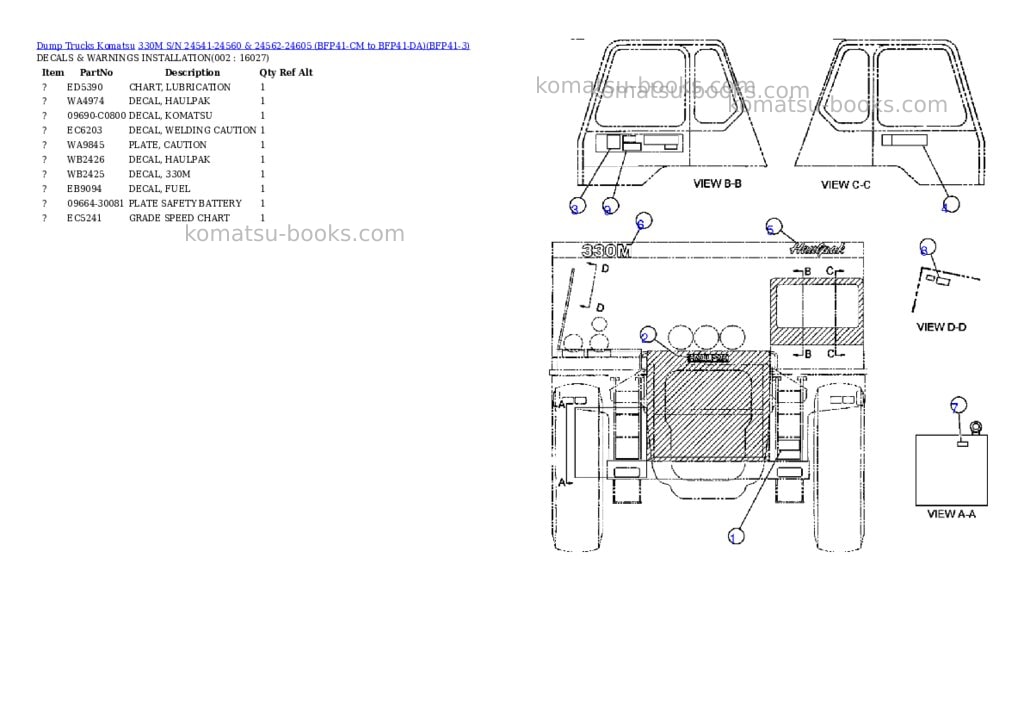 Komatsu 330m s/n 24541-24560 & 24562-24605 bfp41-cm to bfp41-da Parts catalog cover Komatsu 330m s/n 24541-24560 & 24562-24605 bfp41-cm to bfp41-da Parts catalog cover