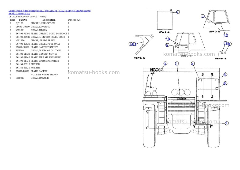 Komatsu hd785-5lc s/n a10271 - a10274 diavik bepb048502 bfp42-03 Parts catalog cover