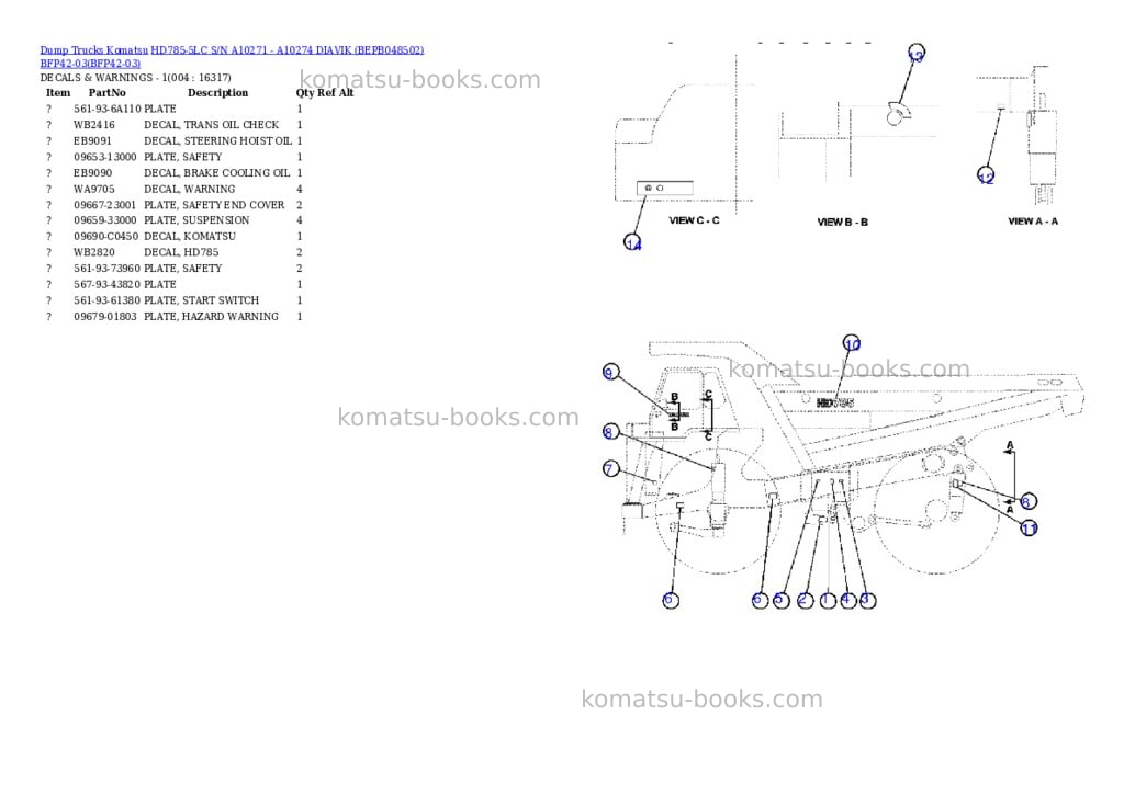 Komatsu hd785-5lc s/n a10271 - a10274 diavik bepb048502 bfp42-03 Parts catalog cover Page 2