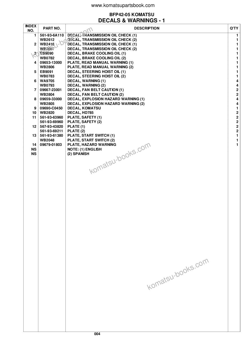 Komatsu hd785-5lc s/n a10316 & up komatsu bepb034604 Parts catalog cover Page 7