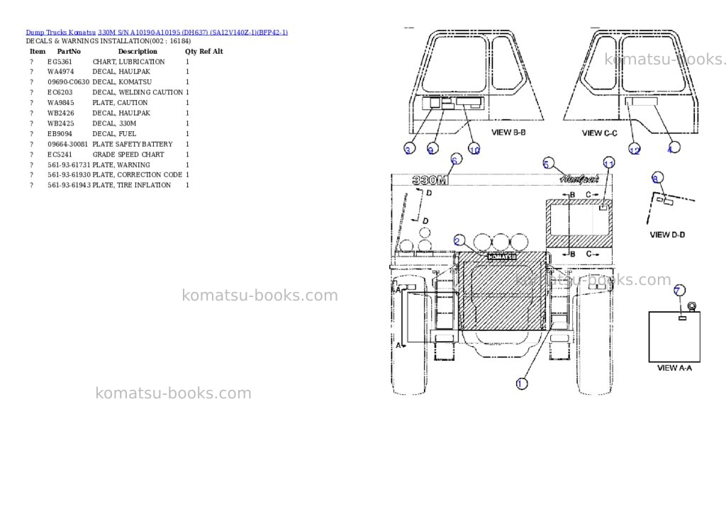 Komatsu 330m s/n a10190-a10195 dh637 sa12v140z-1 Parts catalog cover