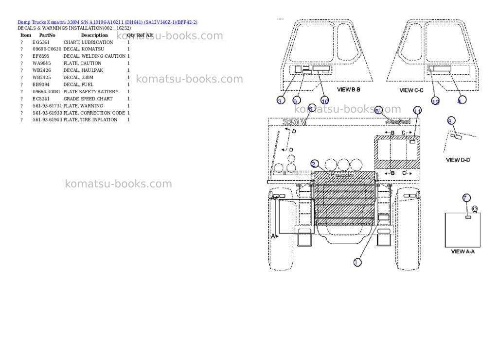 Komatsu 330m s/n a10196-a10211 dh641 sa12v140z-1 Parts catalog cover Komatsu 330m s/n a10196-a10211 dh641 sa12v140z-1 Parts catalog cover