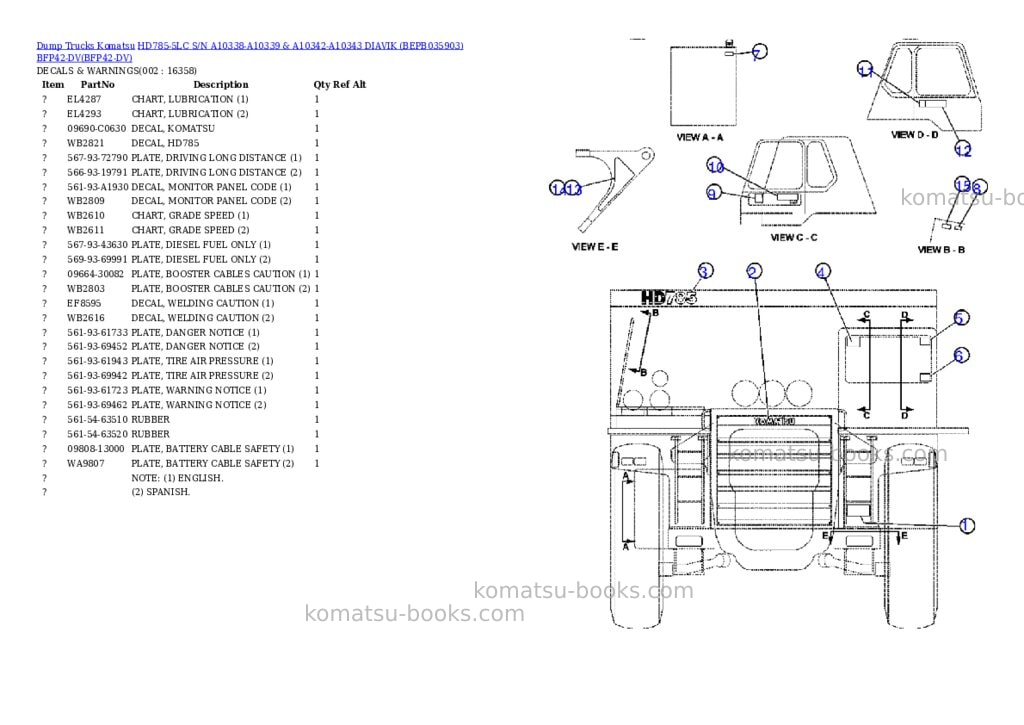 Komatsu hd785-5lc s/n a10338-a10339 & a10342-a10343 diavik bepb035903 bfp42-dv Parts catalog cover Komatsu hd785-5lc s/n a10338-a10339 & a10342-a10343 diavik bepb035903 bfp42-dv Parts catalog cover