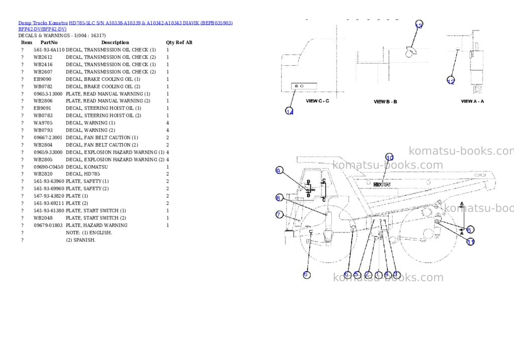 Komatsu hd785-5lc s/n a10338-a10339 & a10342-a10343 diavik bepb035903 bfp42-dv Parts catalog cover Page 2 Komatsu hd785-5lc s/n a10338-a10339 & a10342-a10343 diavik bepb035903 bfp42-dv Parts catalog cover Page 2