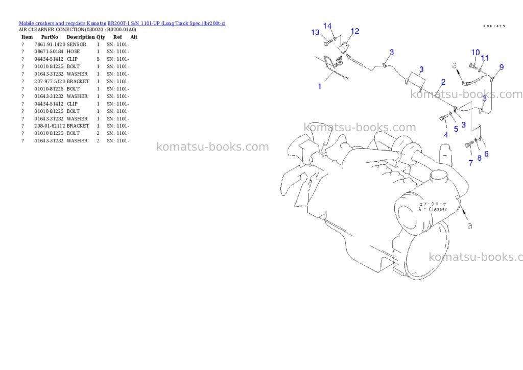 Komatsu BR200T-1 S/N 1101-UP (Long Track Spec.) Parts catalog cover Komatsu BR200T-1 S/N 1101-UP (Long Track Spec.) Parts catalog cover