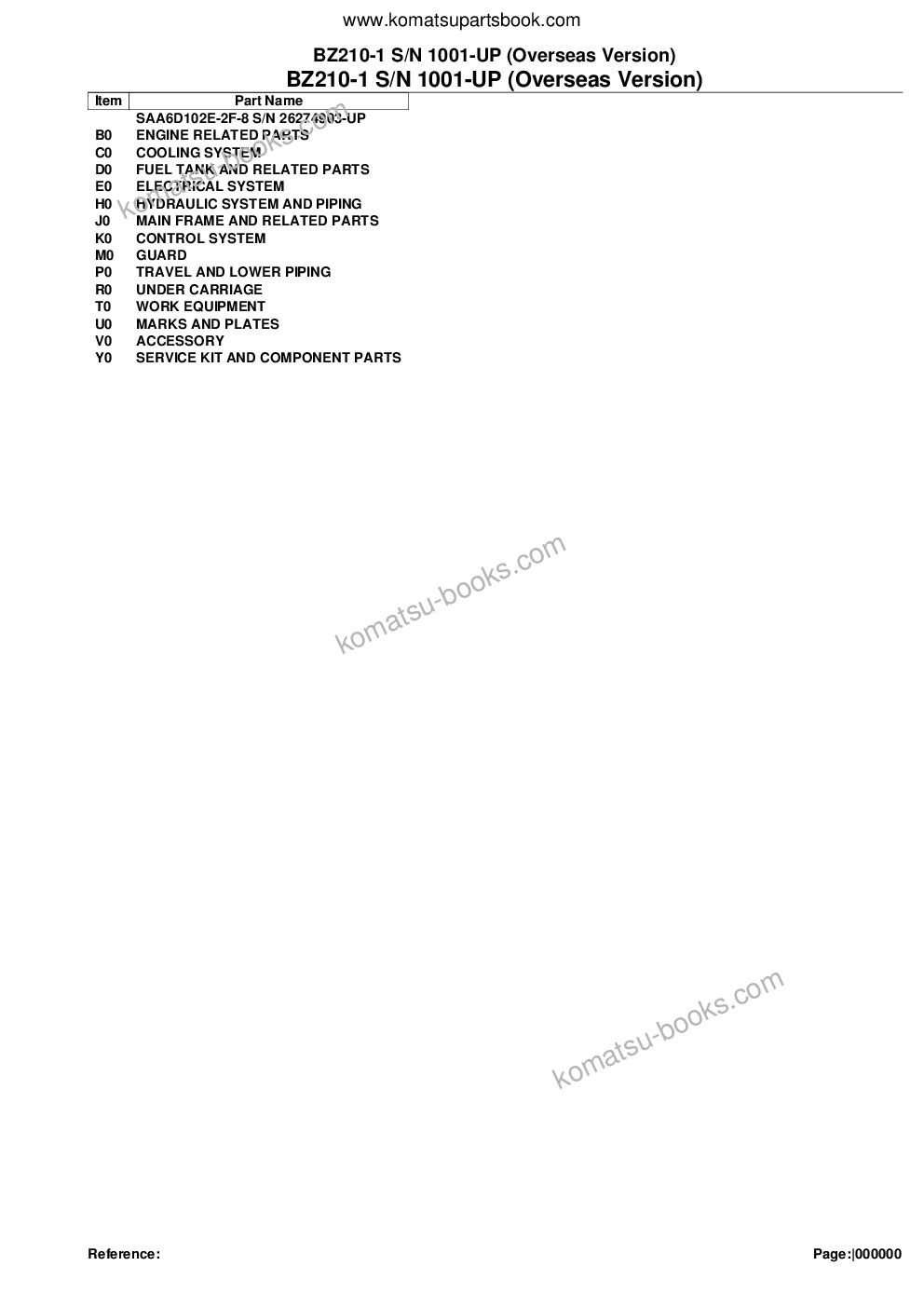 Komatsu BZ210-1 S/N 1001-UP (Overseas Version) Parts catalog cover Komatsu BZ210-1 S/N 1001-UP (Overseas Version) Parts catalog cover
