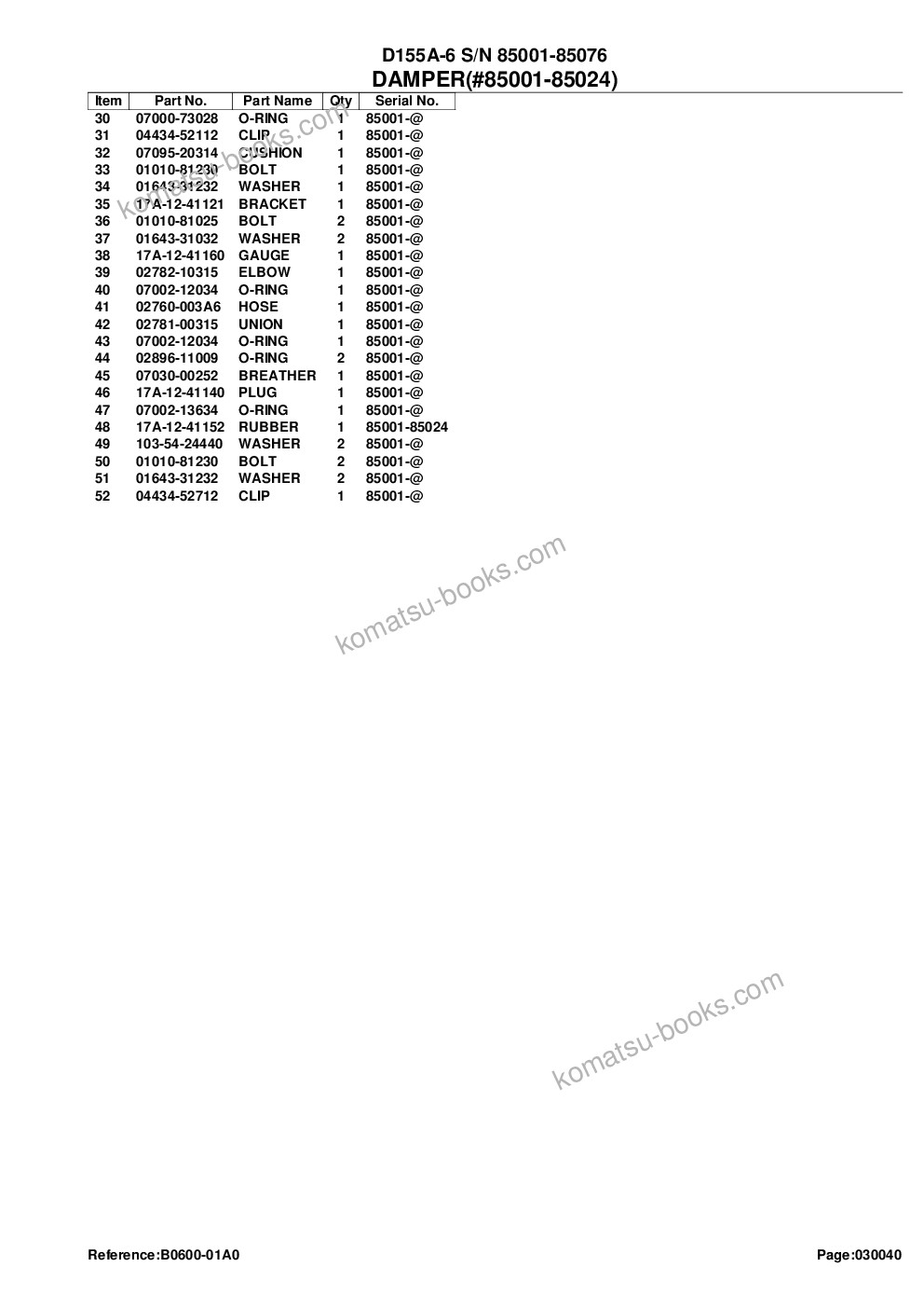 Komatsu d155a-6 s/n 85001-85076 Catalogue de pièces couverture Page 8