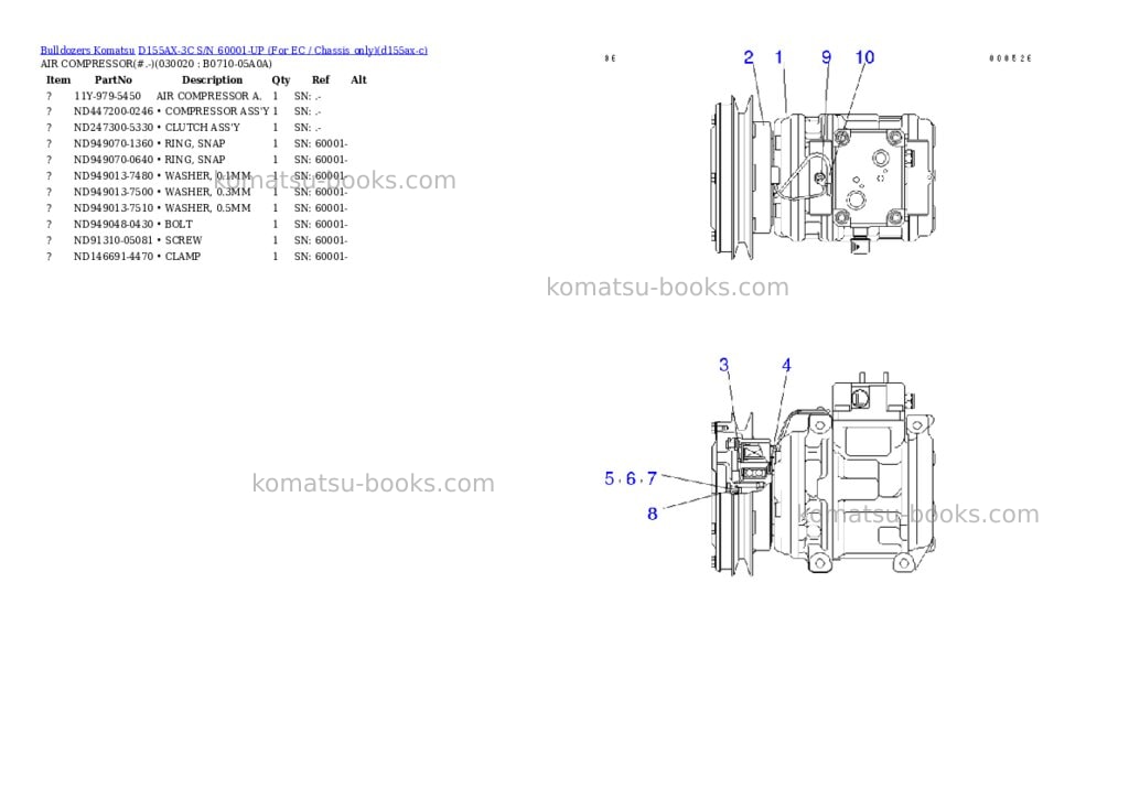 Komatsu d155ax-3c s/n 60001-up for ec / chassis only Parts catalog cover