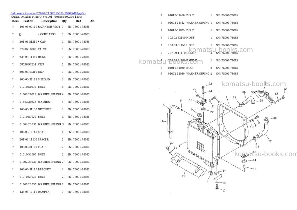 Komatsu d20pg-7a s/n 75001-78603 Parts catalog cover